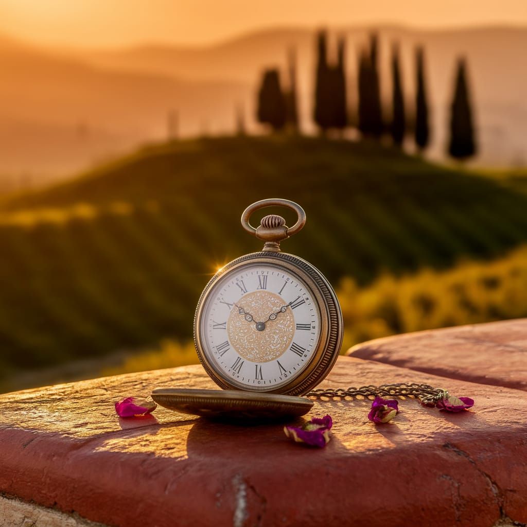 Antique Pocket Watch on Tuscan Tile with Rose Petals