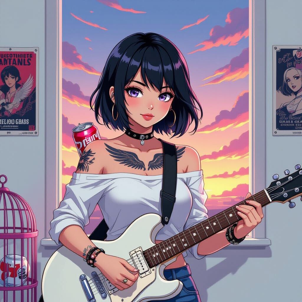 Anime Emo Girl with Guitar in Studio Trigger Style
