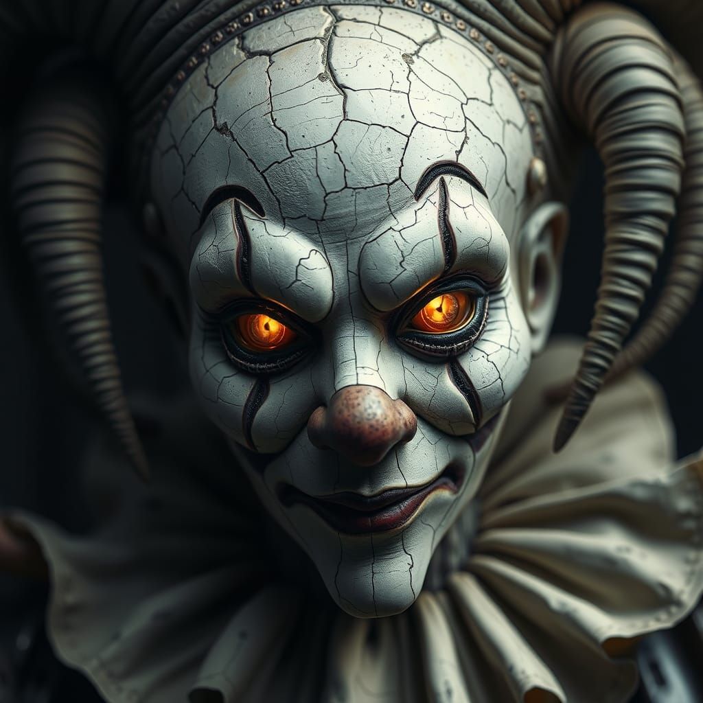 Eerie Porcelain Pierrot Clown with Glowing Eyes