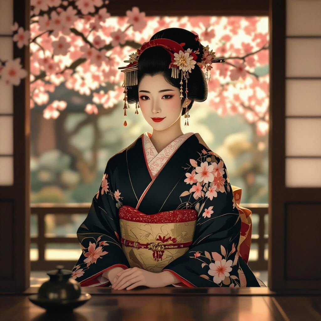 Elegant Oiran in Teahouse, Ukiyo-e Style Woodblock Print