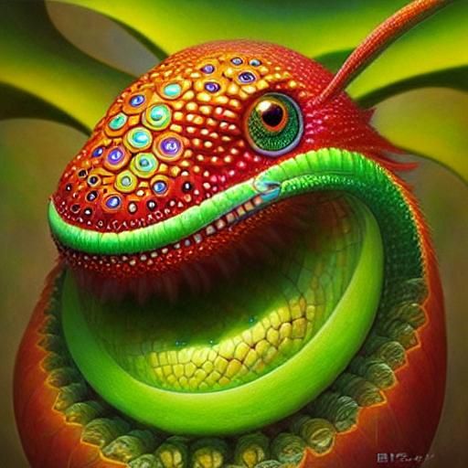 Naoto Hattori/dragon inspired caterpillar/wild colorful garden/voracious carnivorous plants/adorable surrealism/whimsica...