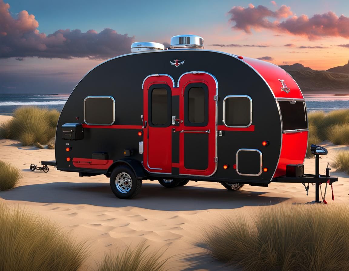 Teardrop Trailer on Beach Campground, 3D Render