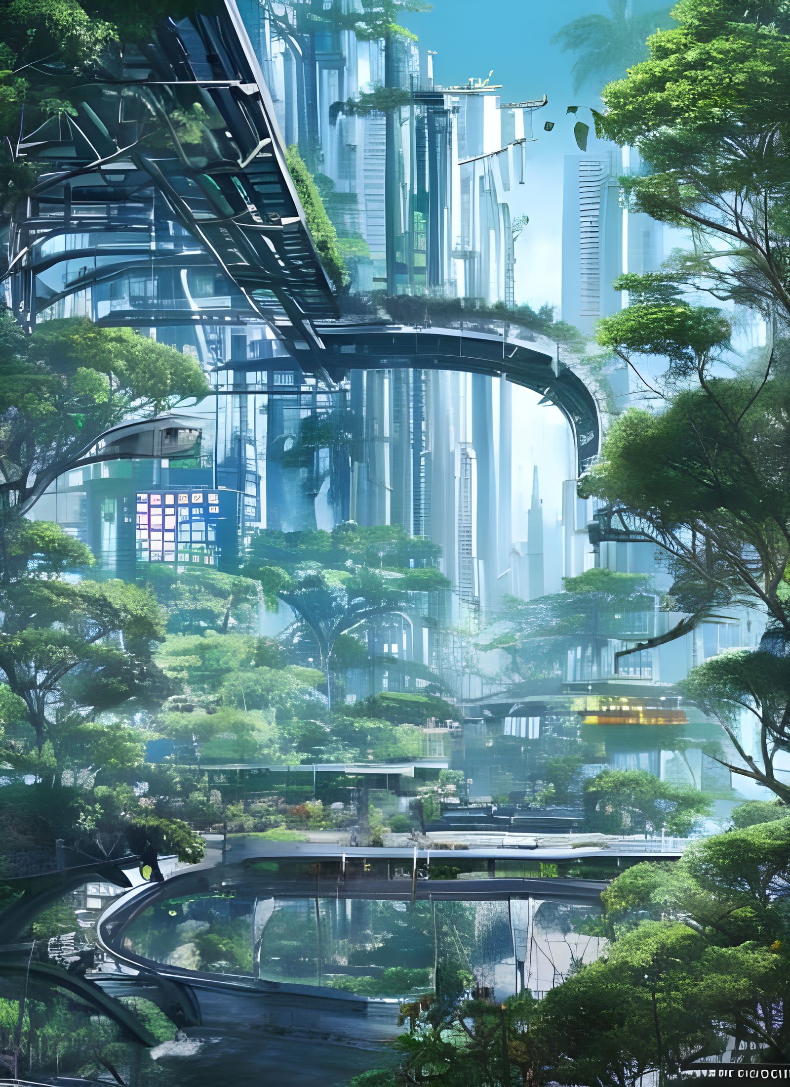 Futuristic Cyberpunk City in Jungle with Sakura Trees