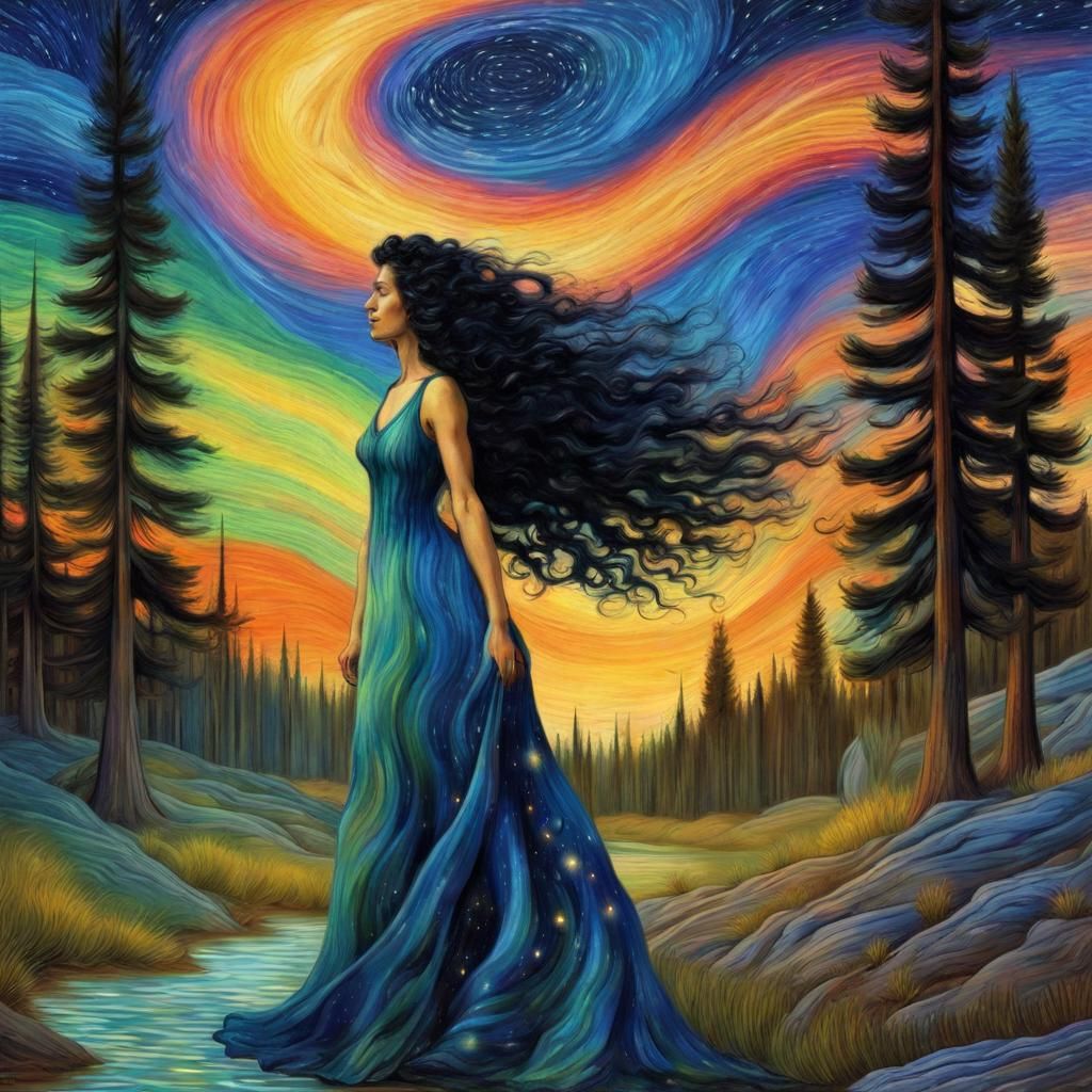 Female with Long Black Curly Hair : Pine Trees : Trail through Forest : Small Waterfall: Multicolor Aurora Borealis : St...
