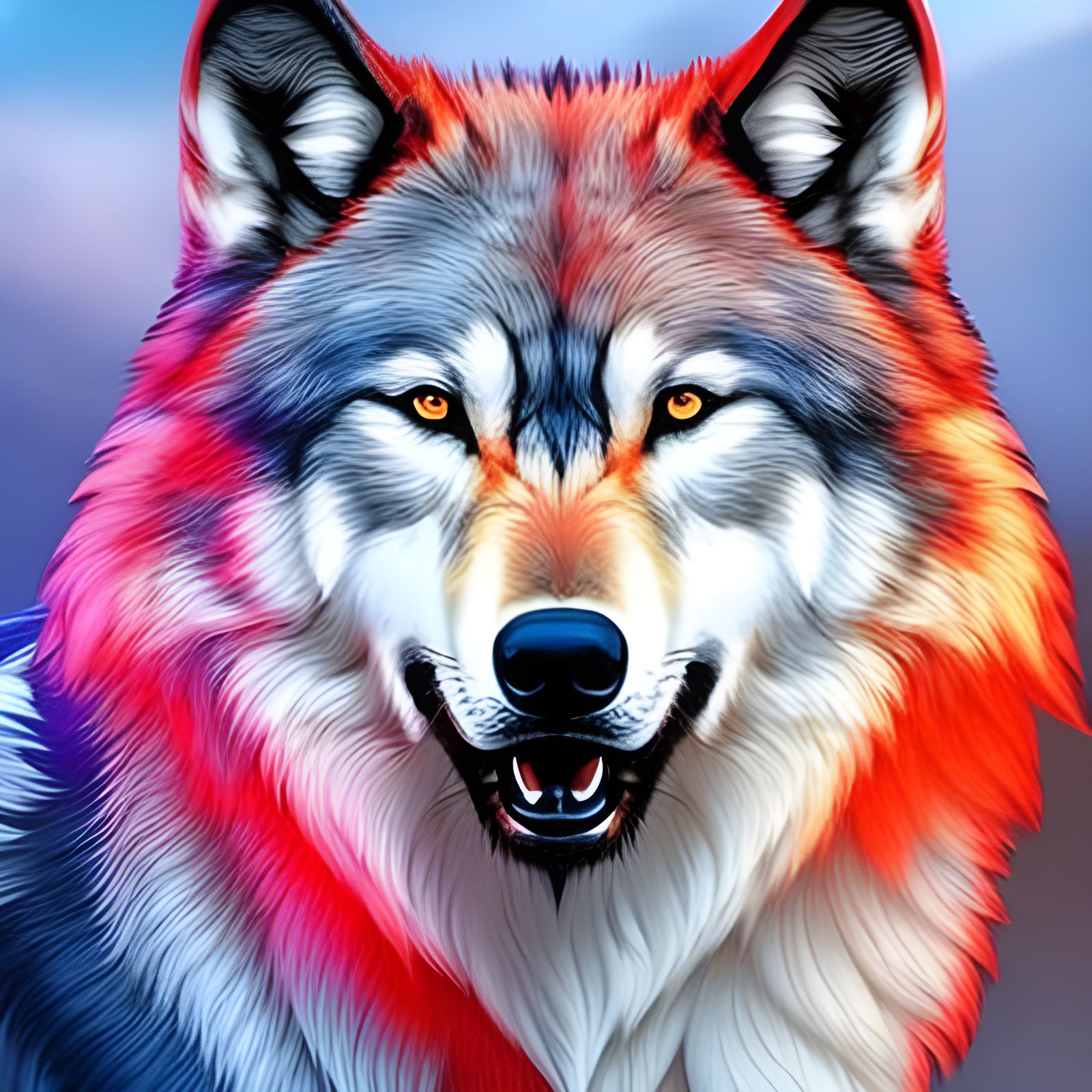 Fiery Wolf: Hyperrealistic Splash Art in Red and Blue