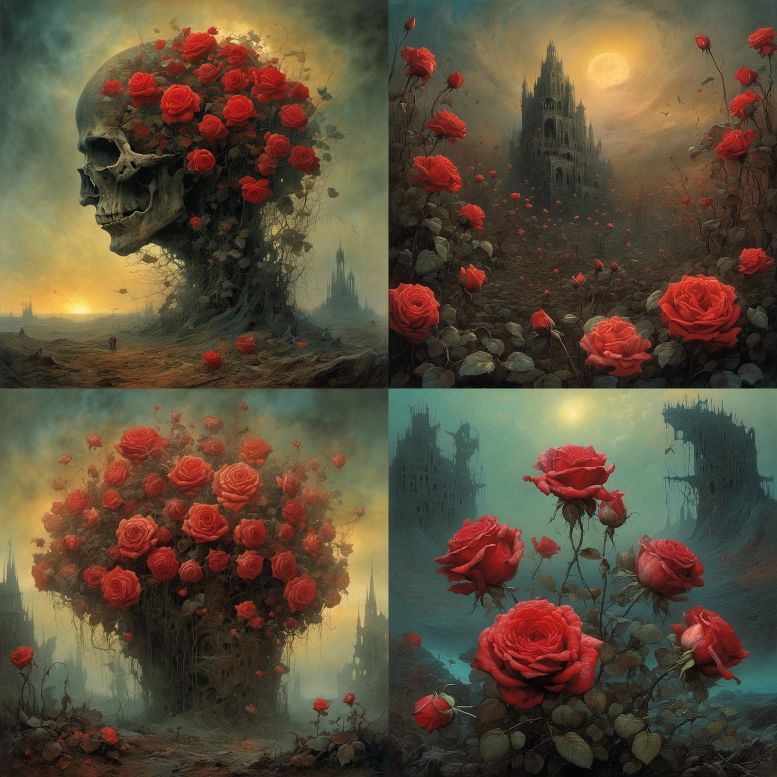 Post-Apocalyptic Roses in Beksiński Horror Style