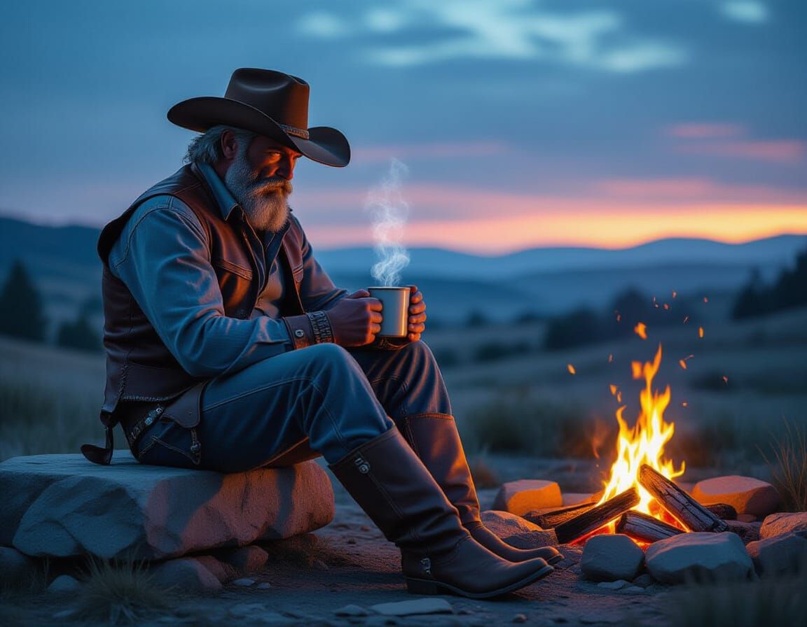Rugged Cowboy Sips Coffee by Campfire in Pre-Dawn Glow