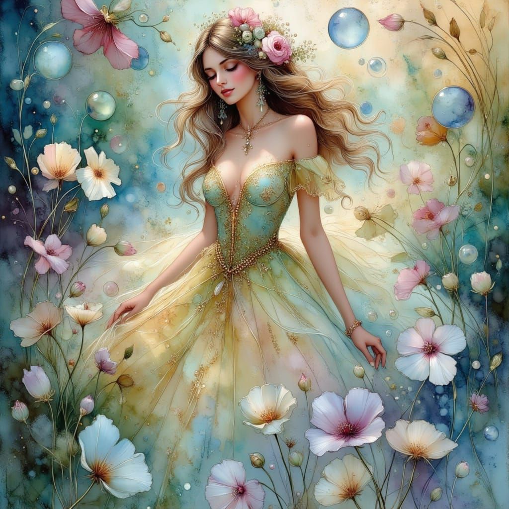 Lady of the Lake in Iridescent Art Nouveau Bubbles