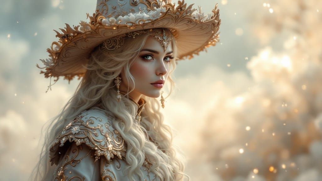 Majestic Creature in Ornate Hat, Dreamy Landscape