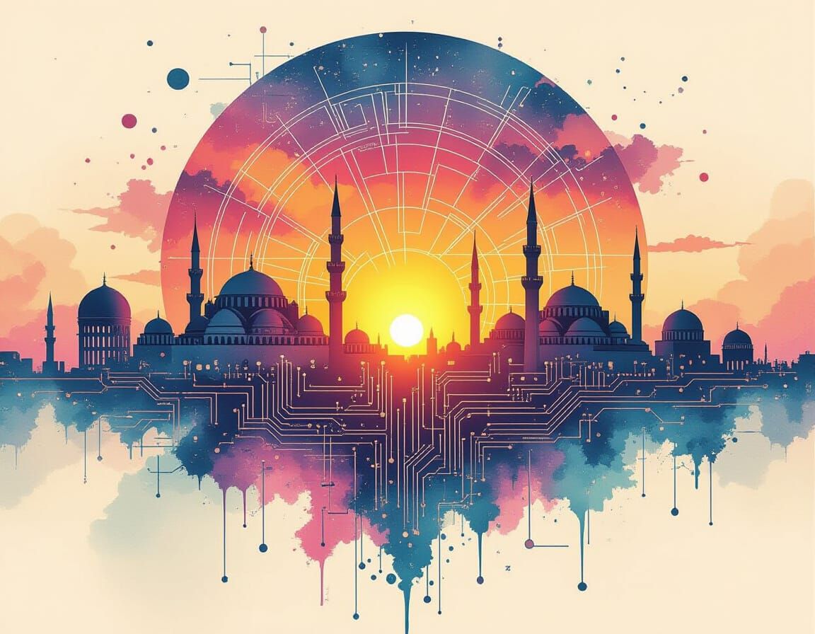 Teslapunk Arcology Skyline with Arabesque Circuitry