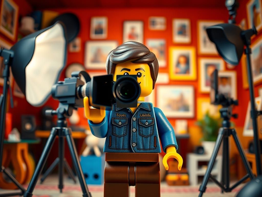 Lego Photographer in Bustling Film Studio, Cinematic Style