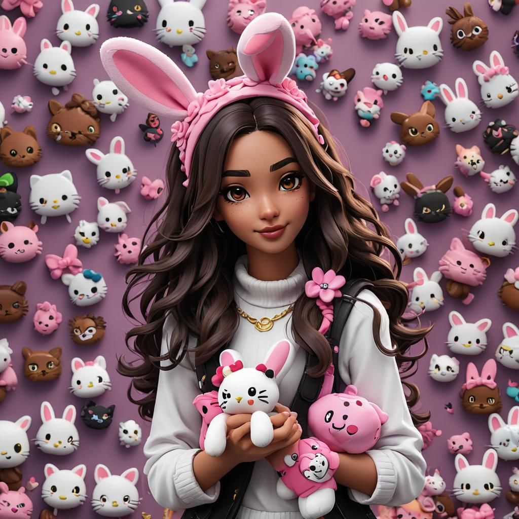 Latina Fortnite Character with Hello Kitty, Digital Art