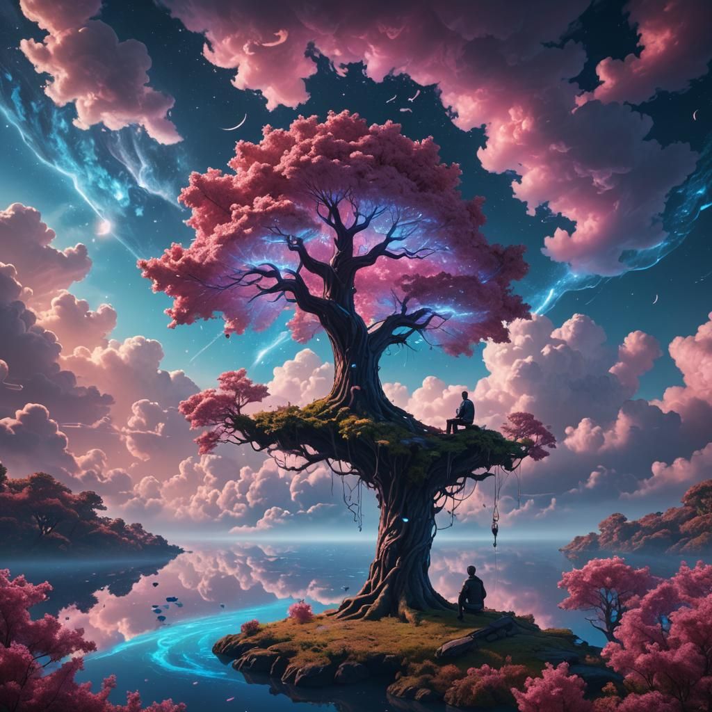 Man on Floating Tree Cloud in Dreamscape