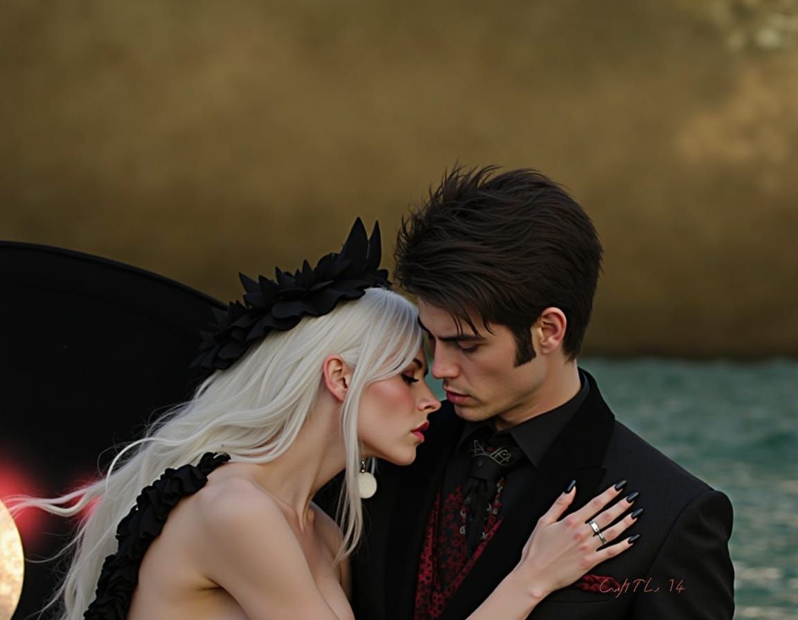 Romantic Fantasy Image with Dragon, Phoenix, Wolf, Vampire