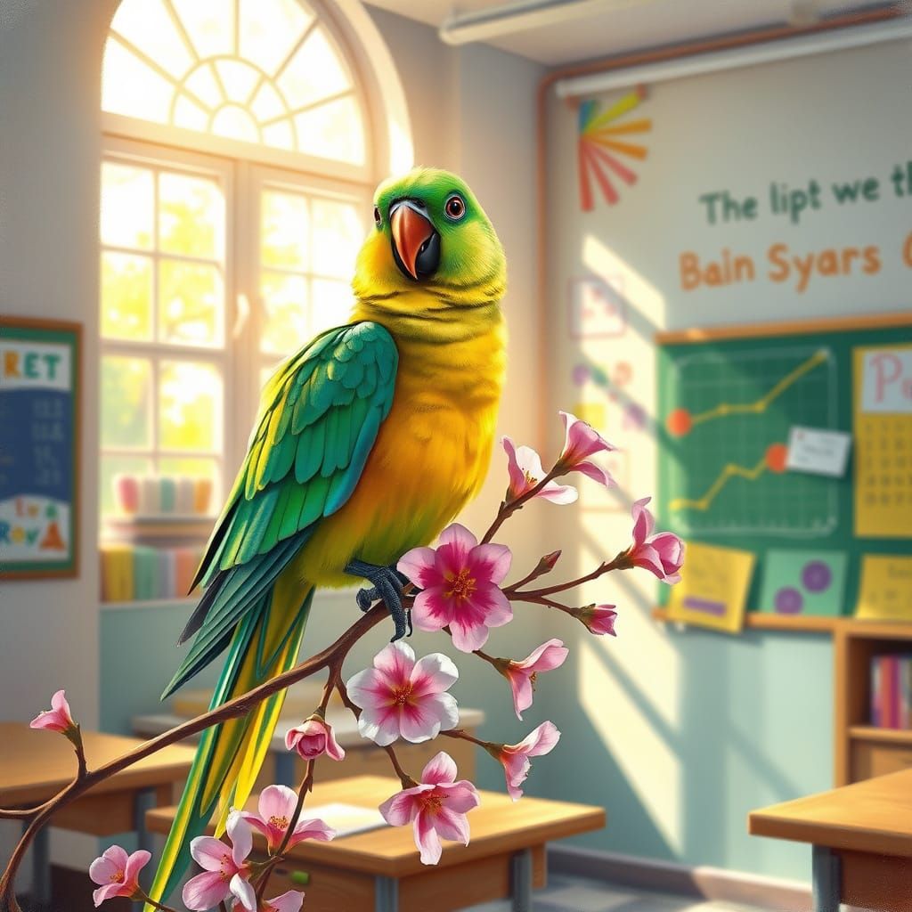 Whimsical Parrot in Chalk Pastels Perched on a Flowering Bra...