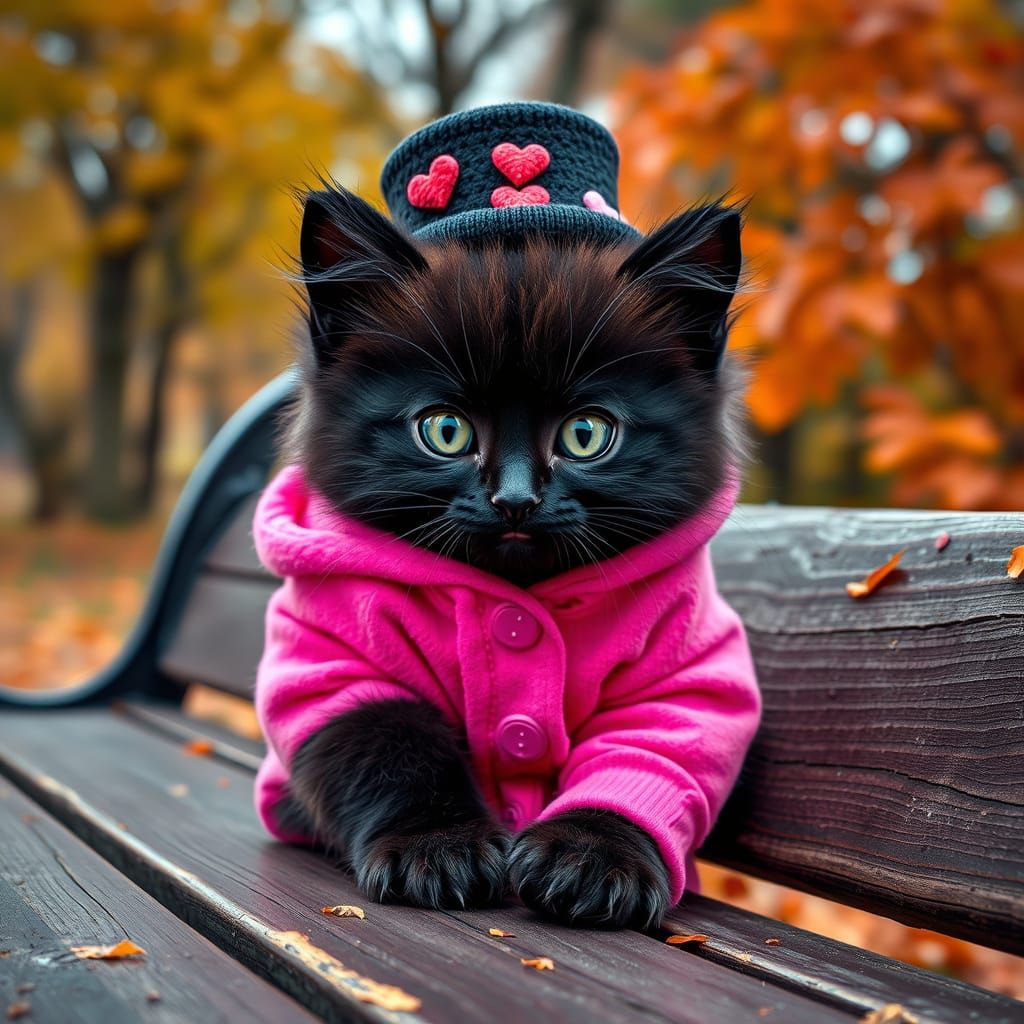 "A portrait of a green eyed fluffy black kitten dressed in a...