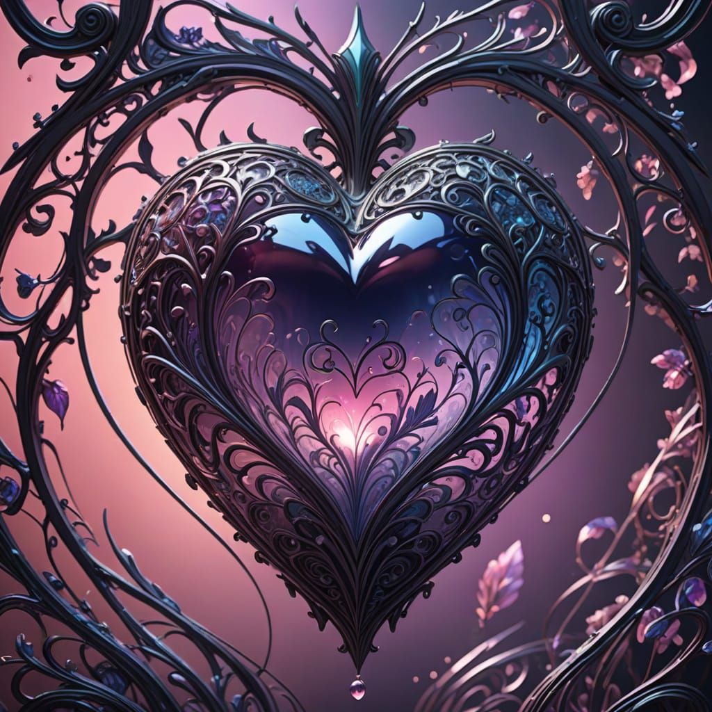Intricate Glass Heart in Dreamlike Fantasy Scene