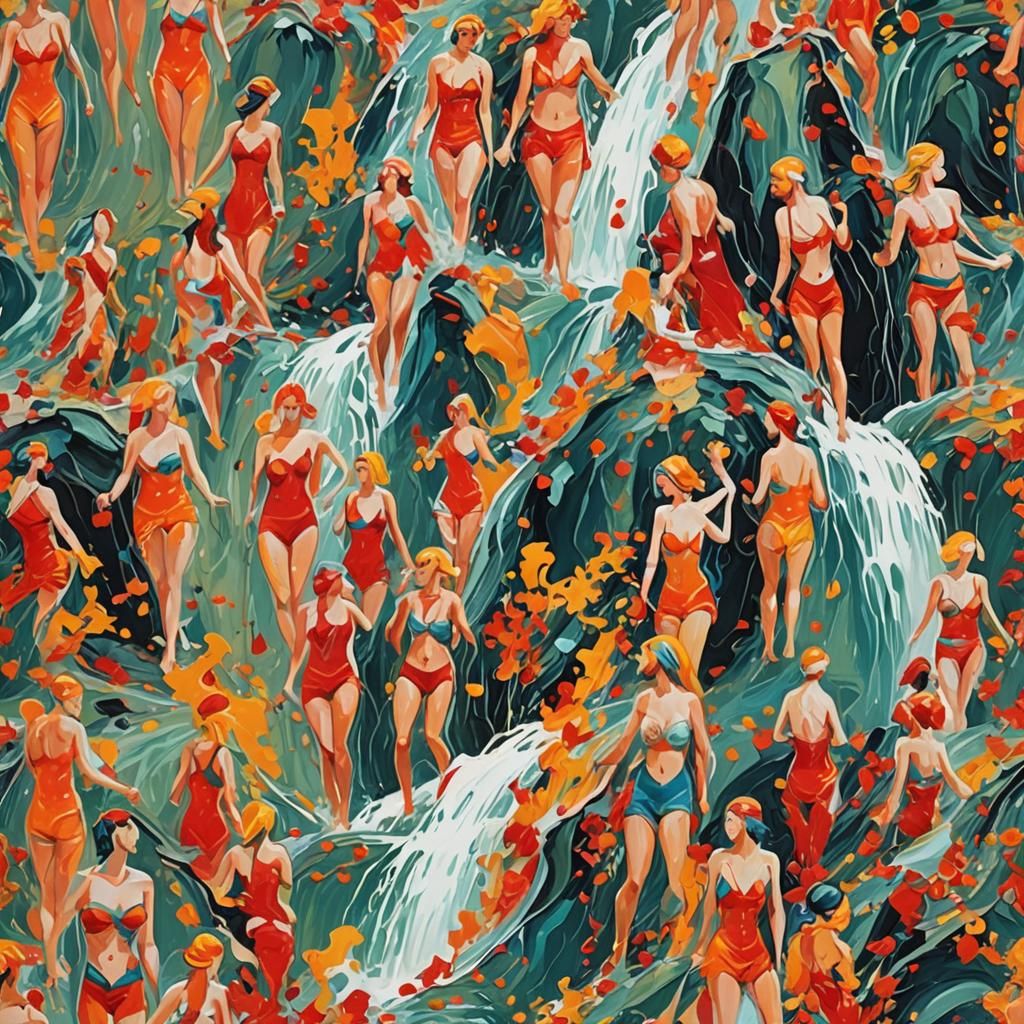 Flamboyant Tree by Waterfall with Abstract Art Style