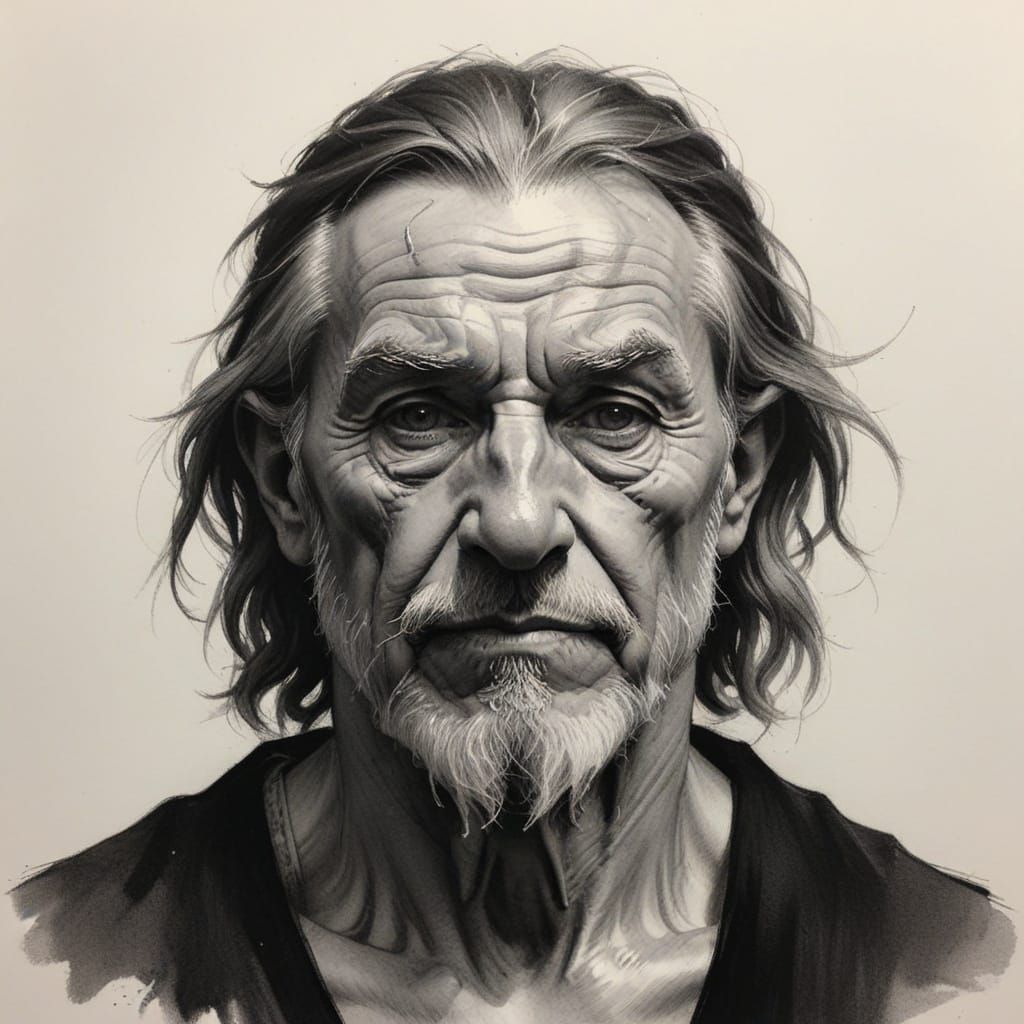 Minimalist Charcoal Sketch of an Old Druid