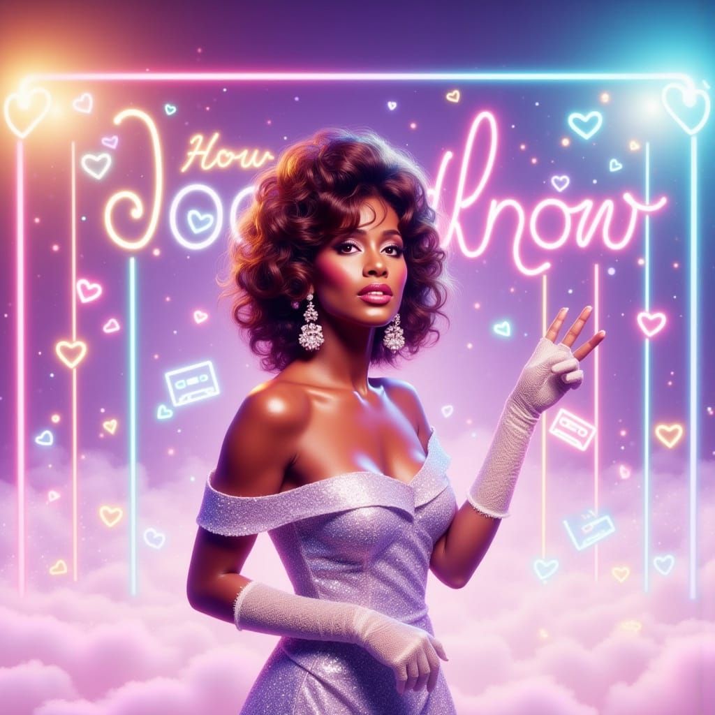 Whitney Houston 1985 Music Video Portrait in Neon Glow