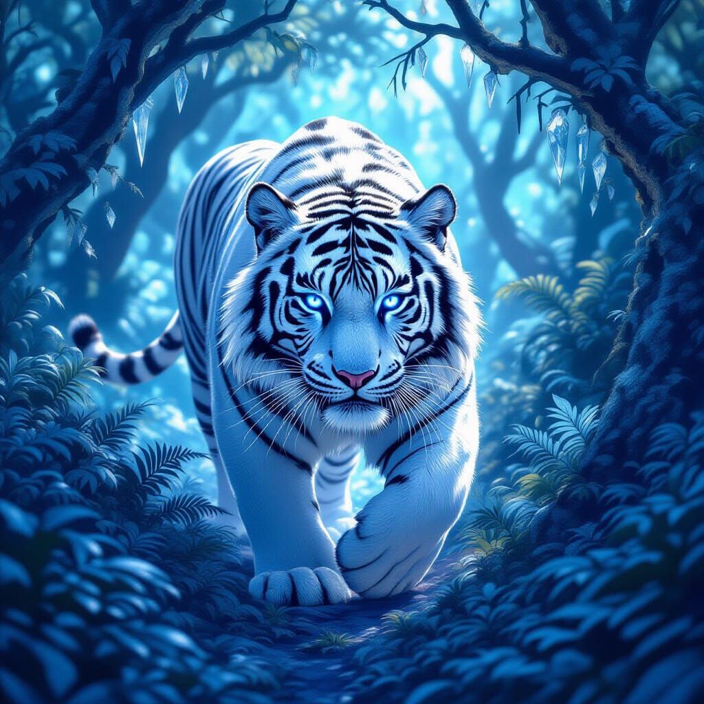 Majestic White Tiger in Crystalline Forest, Fantasy Art