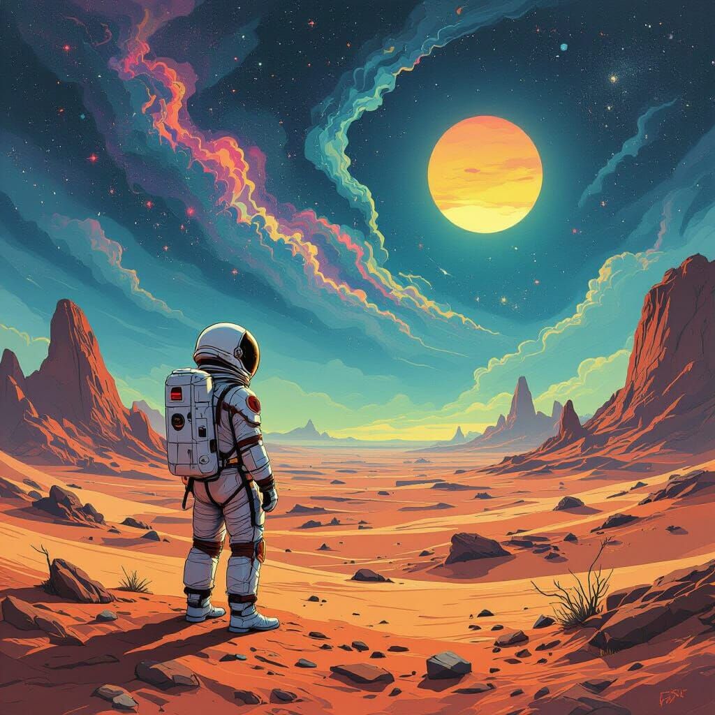 Astronaut Contemplates Alien Desert Under Double Sunset