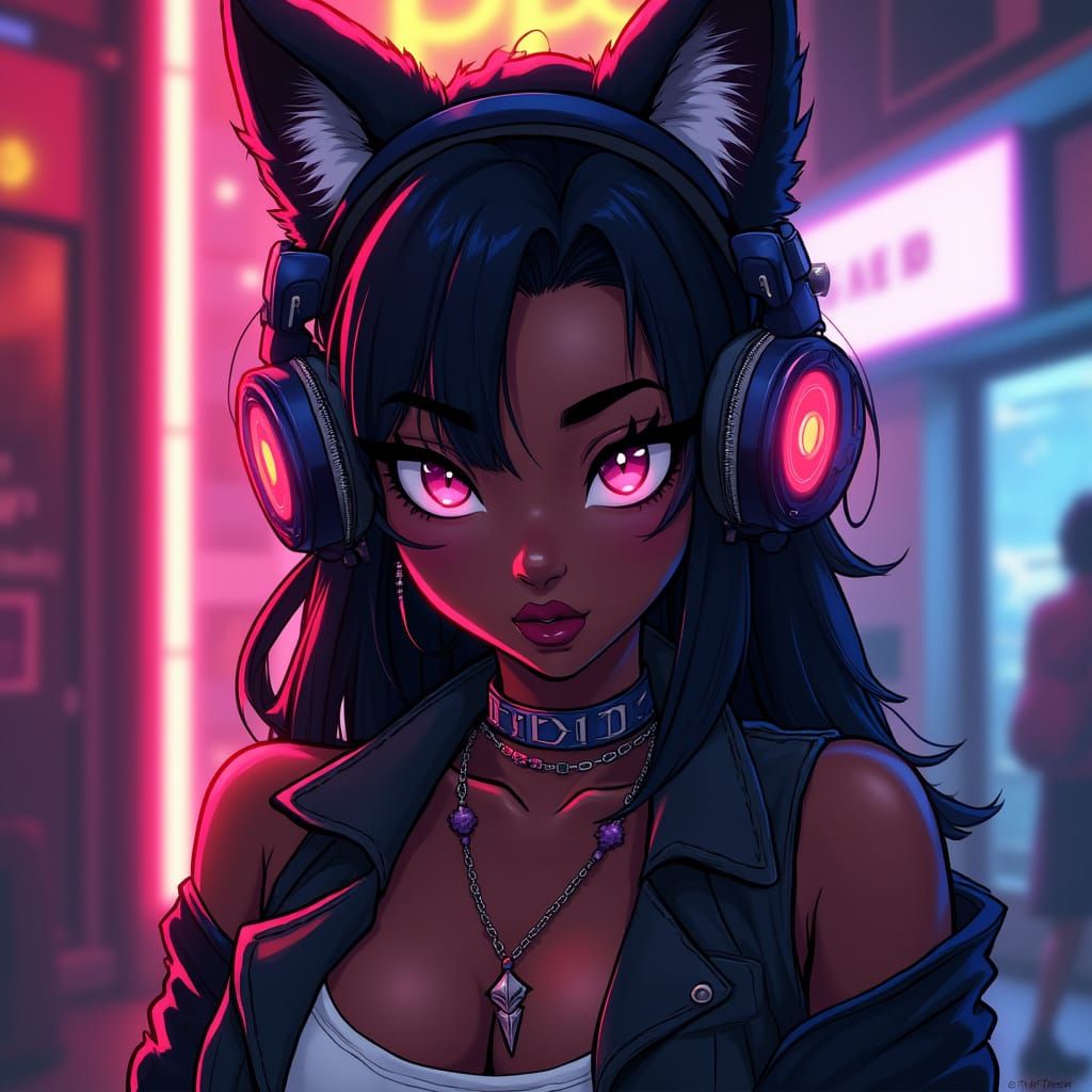 Vampire Wolf Girl in Neon Cyberpunk Style