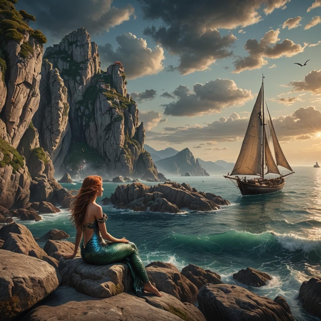 Mermaid Gazing at Sailboat in Italy
