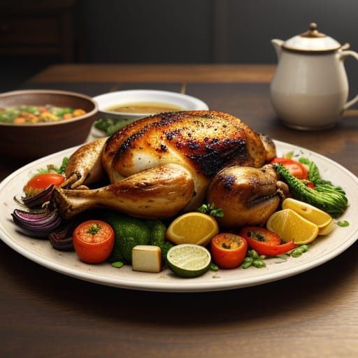 Warm Oil Painting of Roasted Chicken and Vegetables