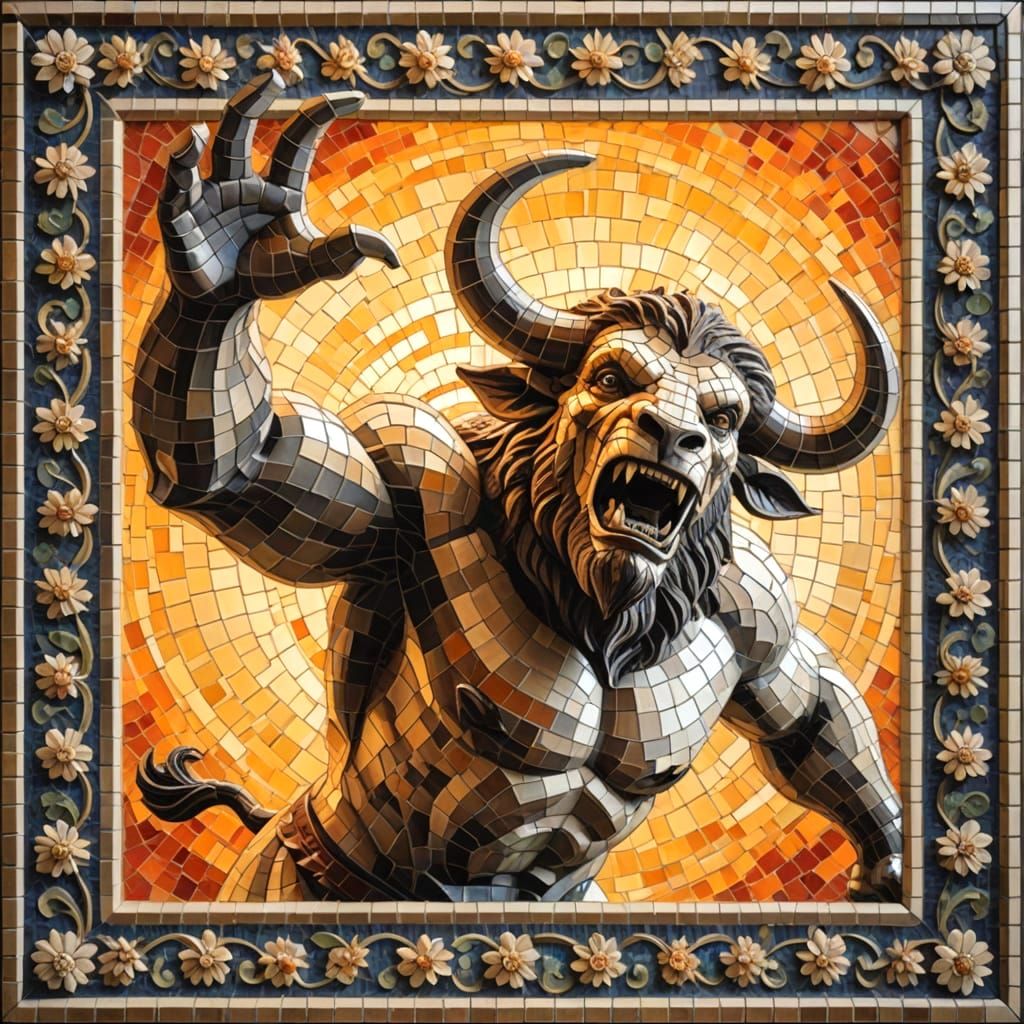 Romanesque Minotaur Mosaic in Vibrant Glass and Stone