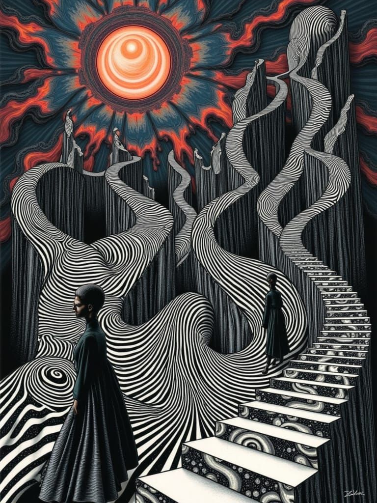 Alice and Neo's Surreal Staircase Adventure in Mixed Styles