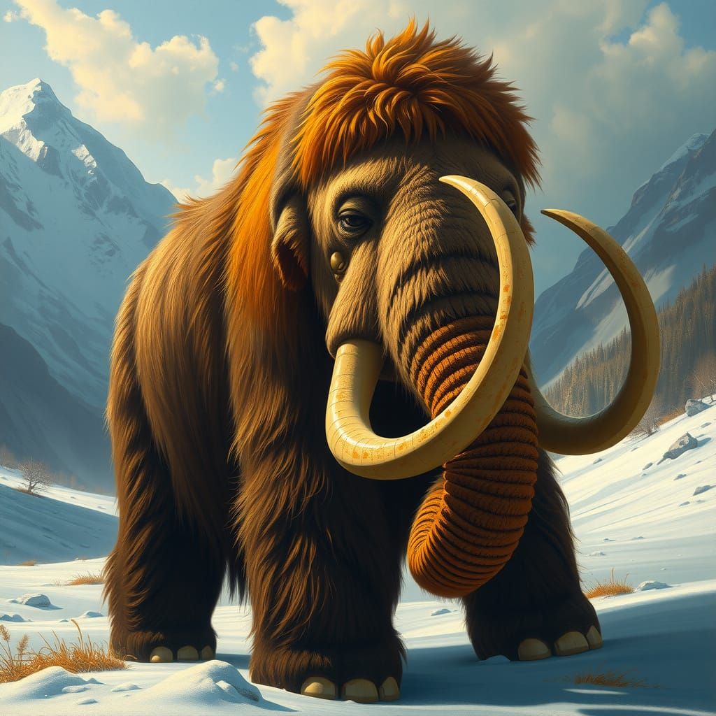 Hyperrealistic Woolly Mammoth in Snowy Valley