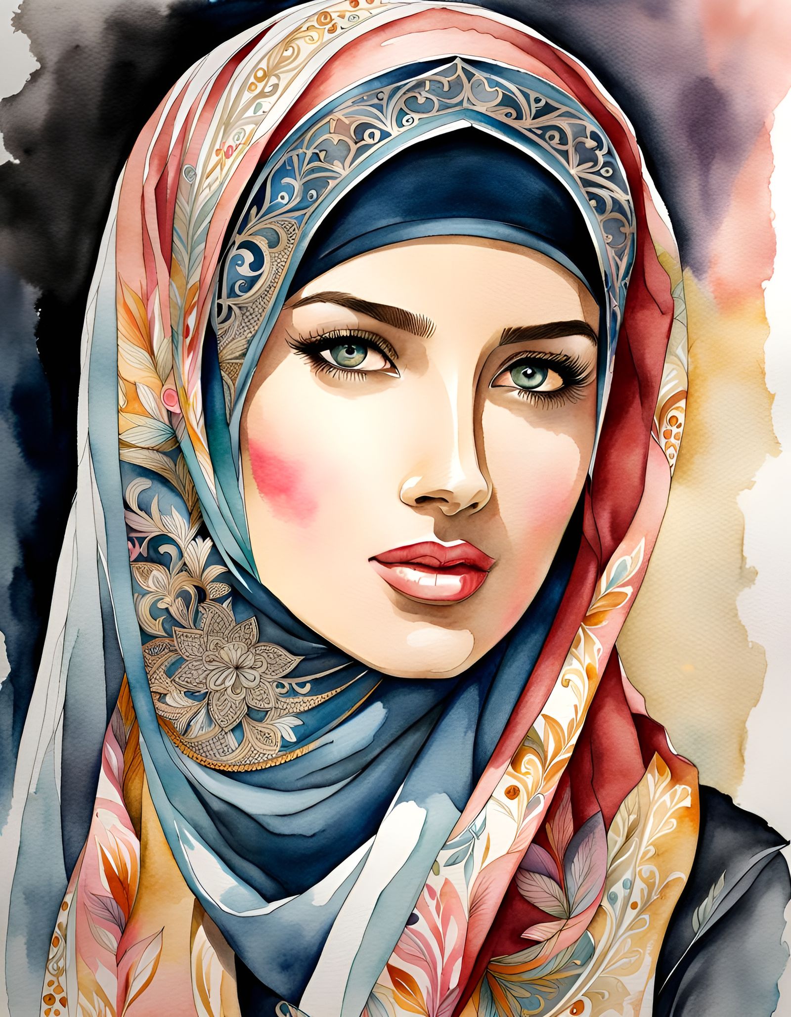 Woman Wearing Hijab in Watercolor and Ink Style