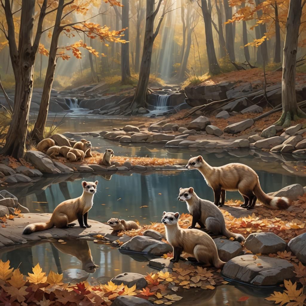 Ferrets and Otters Meet at Forest Pool