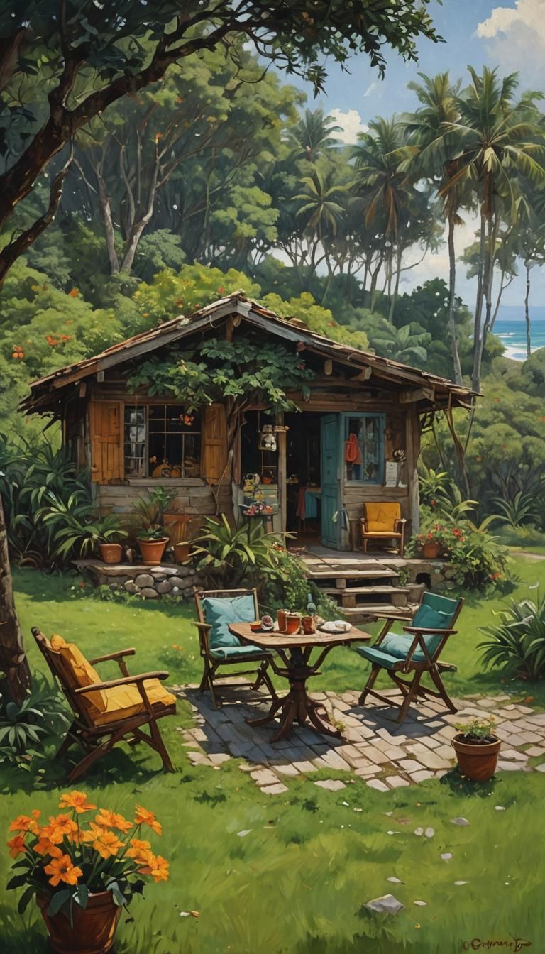 Idyllic Paradise Landscape in Oil Painting
