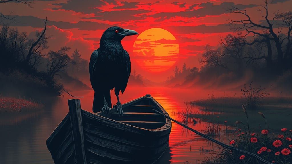 A Majestic Raven in Dark, Whimsical Swamp Scene