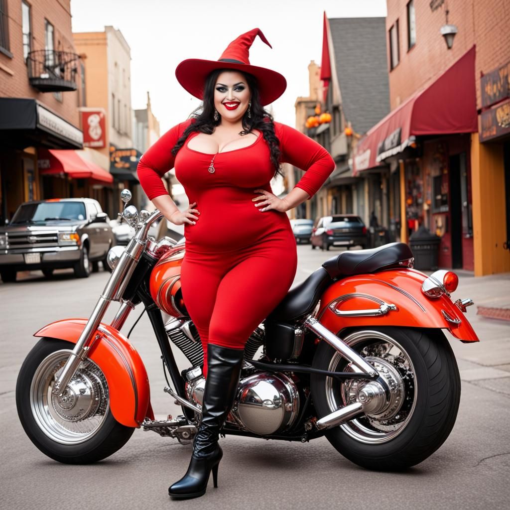 Chubby Witch Rides Halloween Motorcycle