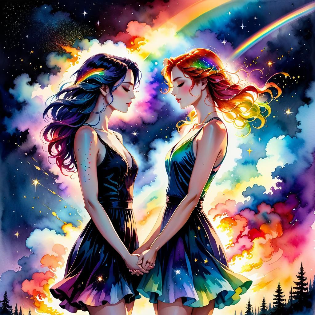 Dreamy Lovers Under a Rainbow Comet