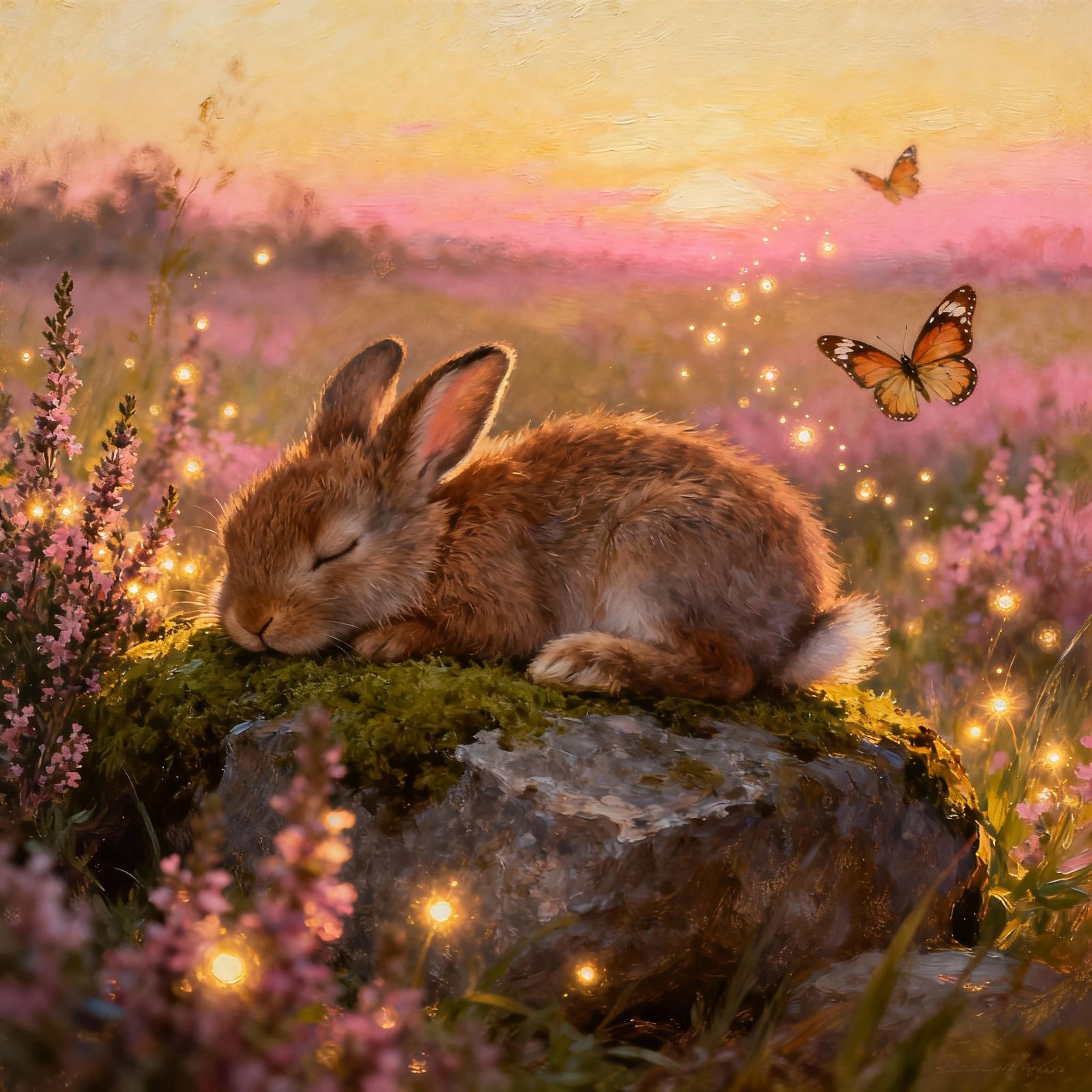 Cute Baby Bunny Sleeping in Flower Field at Sunset