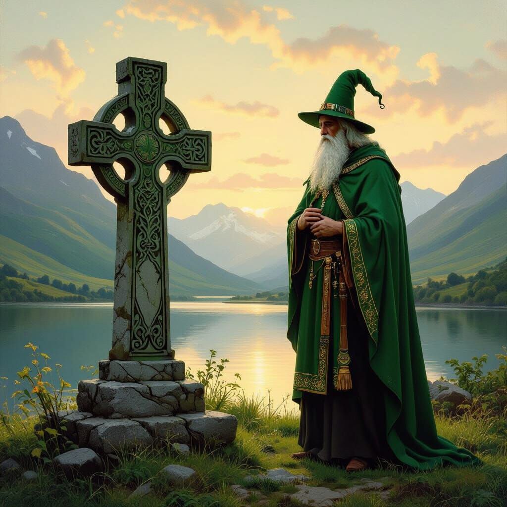 Saint Patrick Beside Celtic Cross in Ethereal Landscape