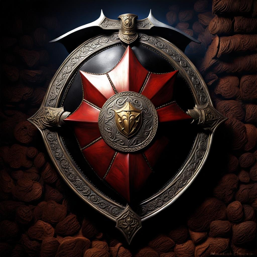 Medieval Shield with Greek Quote in Gothic Art Style