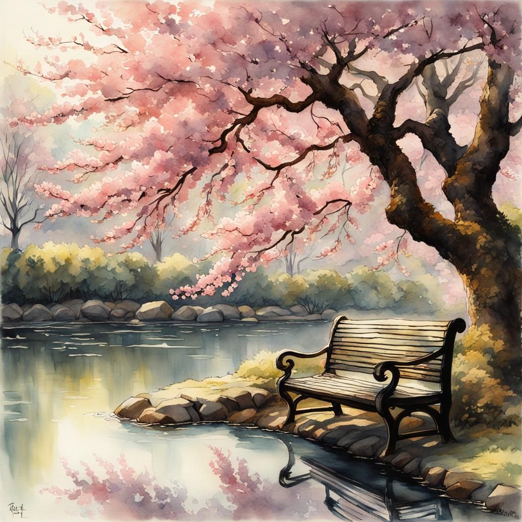 Cherry Blossoms: Watercolor Painting with Water Reflections