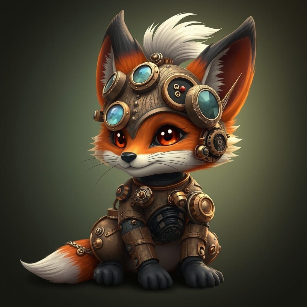 Whimsical Steampunk Baby Fox with Mechanical Details