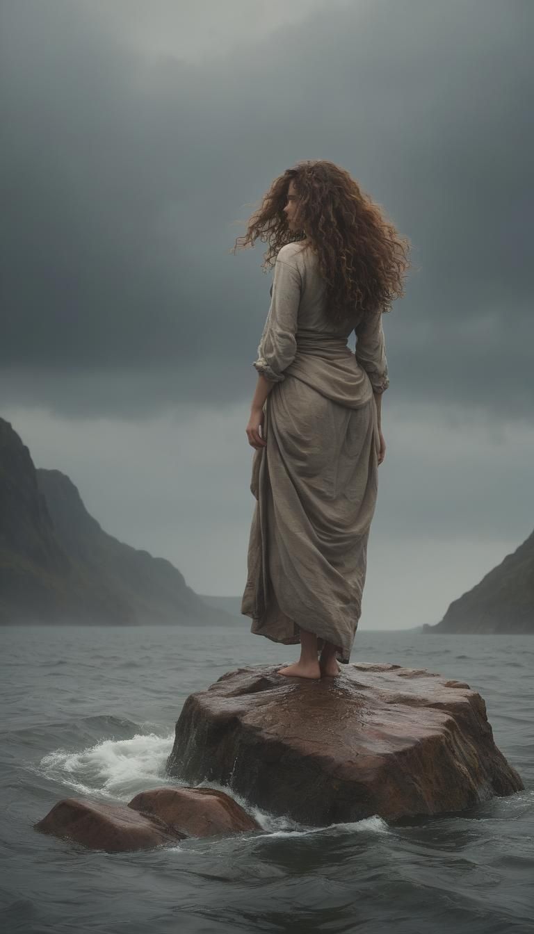 Woman's Serene Stance Amidst Stormy Lake