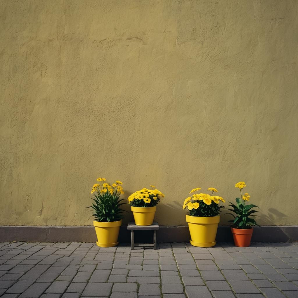 Bright Yellow Wall with Flower Pots, Cinematic Still