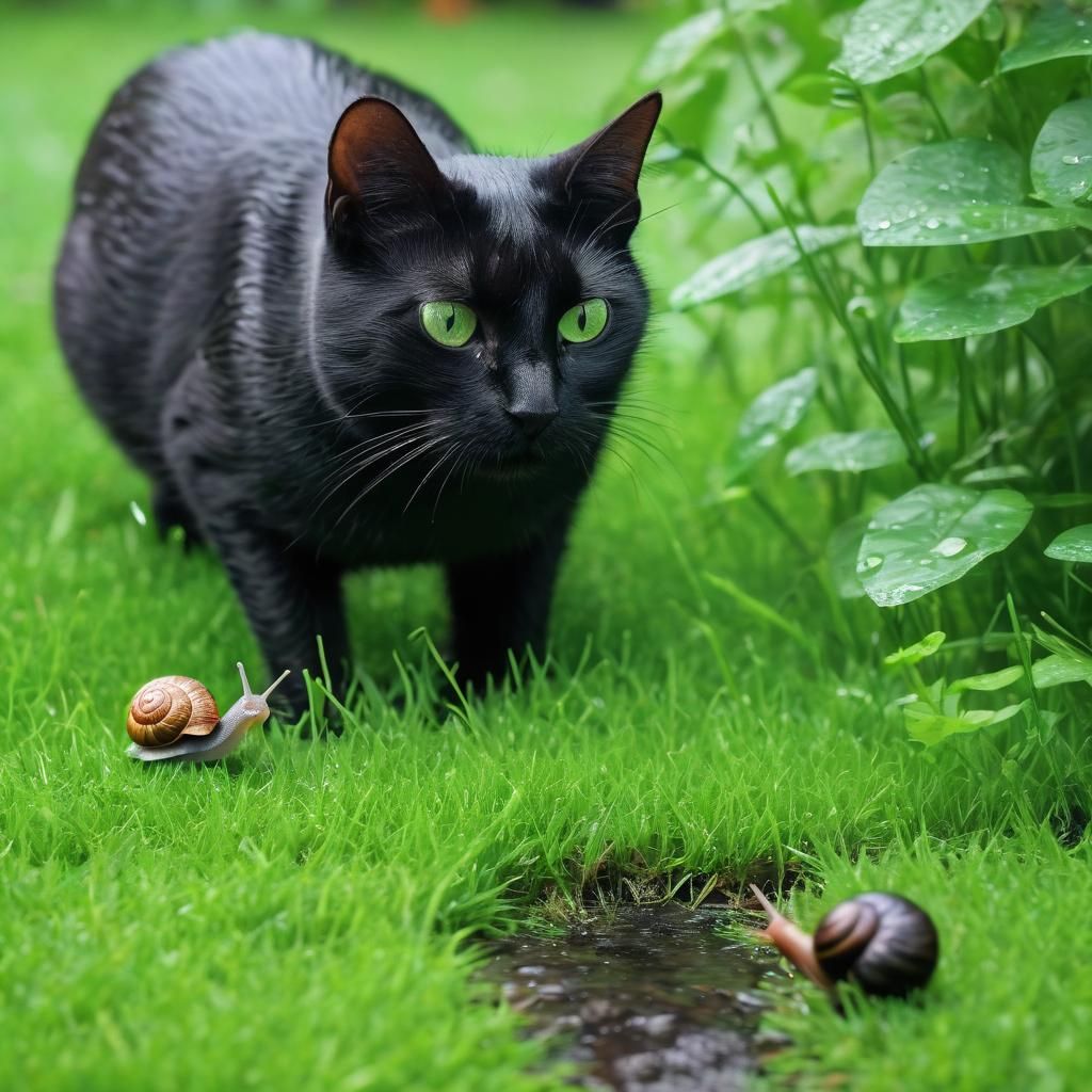 Black Cat and Snail in Rainy Garden