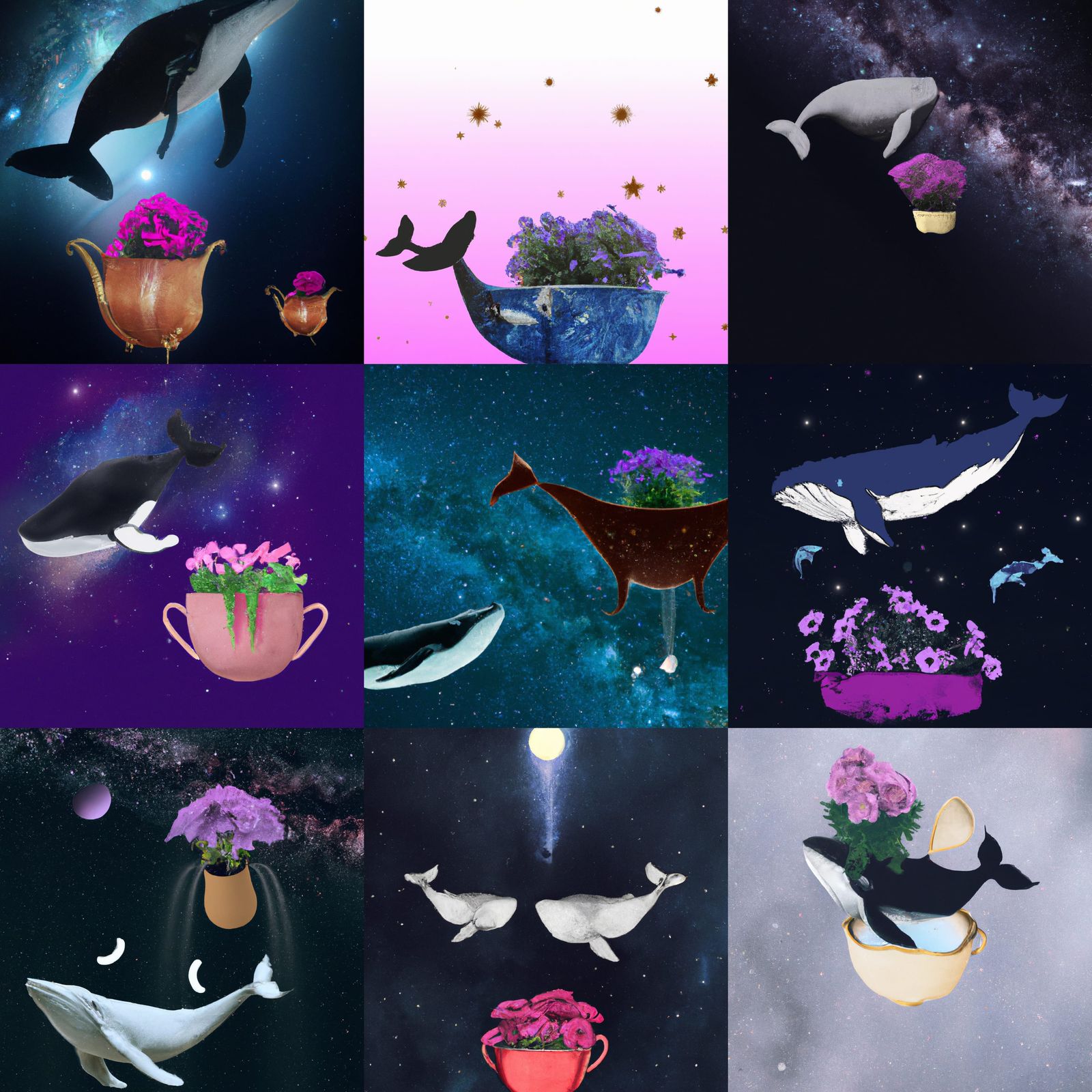 Whale and Petunias Floating in Space