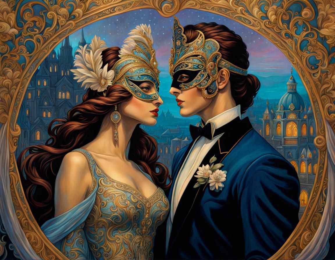 Masked Couple at Masquerade in Ornate Fantasy Style