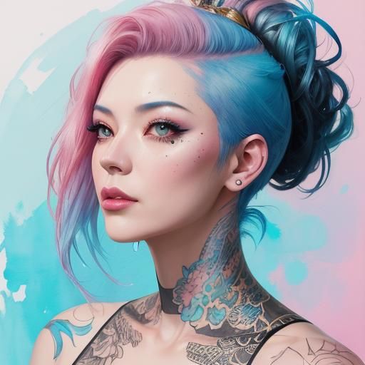 Punk Girl with Pink Hair: Watercolor Digital Art