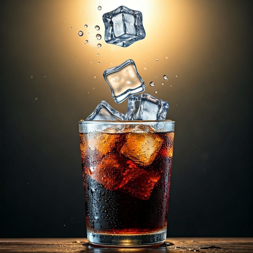Clear Glass Still Life with Dark Cola and Suspended Ice Cube...